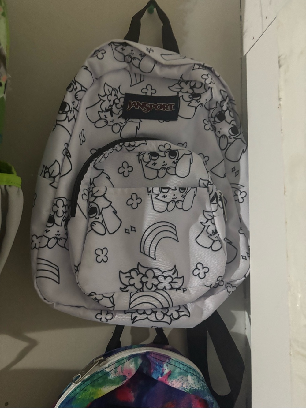 Jansport White Mini Backpack with Black Sketch Unicorn & Rainbow Print